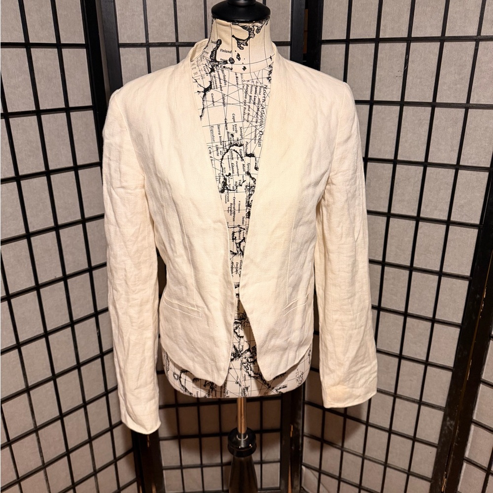 LOFT 100% Linen crop minimalist Cream Blazer preppy coastal cottage tailored 8